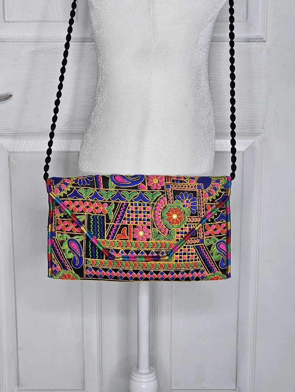 Colorful Hand Embroidered Women's Clutch Bag - Crossbody Purse With Strap